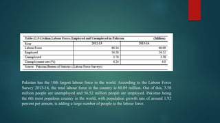 Pakistan has the 10th largest labour force in the world. According to the Labour Force
Survey 2013-14, the total labour fo...