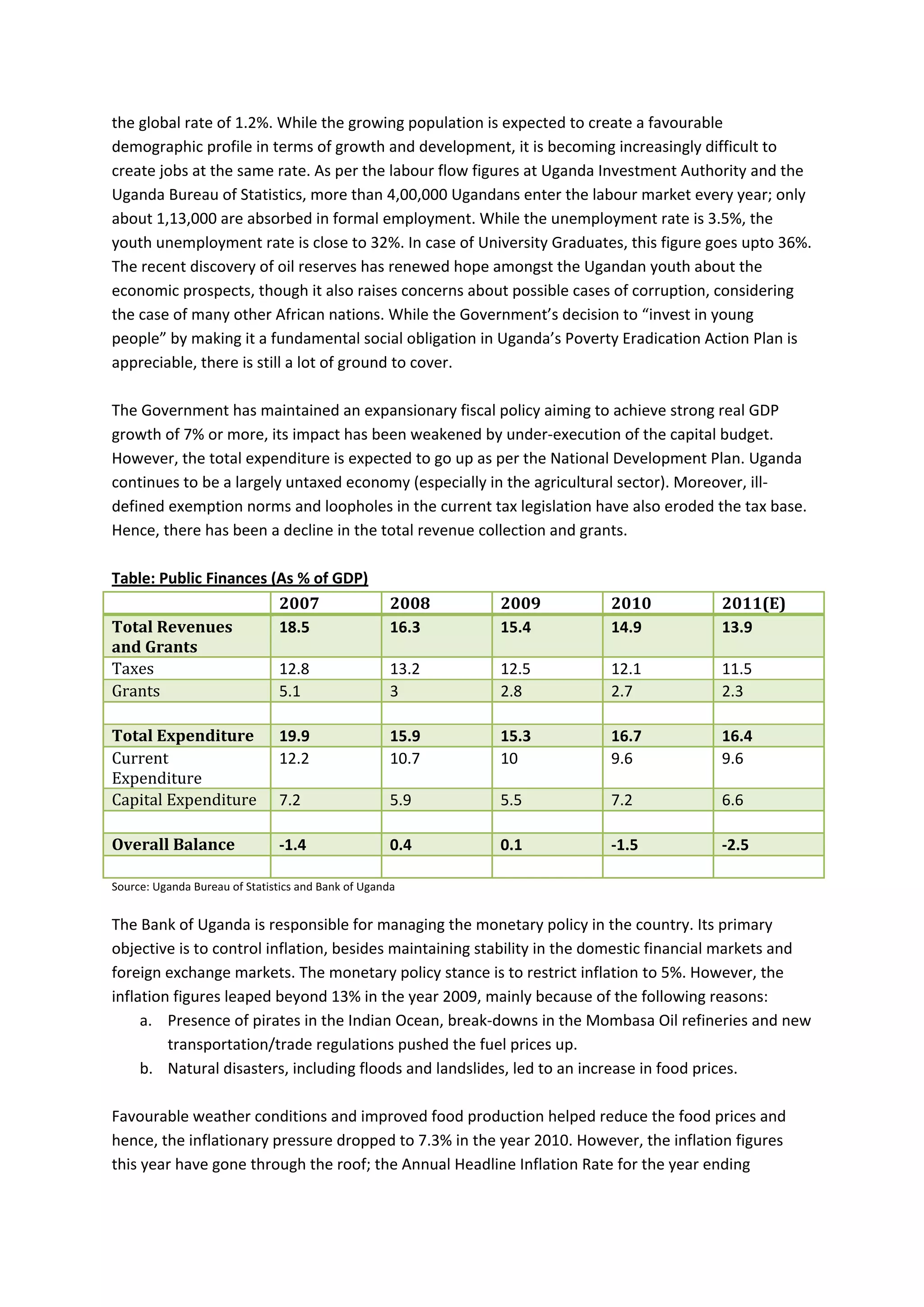 the global rate of 1.2%. While the growing population is expected to create a favourable
demographic profile in terms of growth and development, it is becoming increasingly difficult to
create jobs at the same rate. As per the labour flow figures at Uganda Investment Authority and the
Uganda Bureau of Statistics, more than 4,00,000 Ugandans enter the labour market every year; only
about 1,13,000 are absorbed in formal employment. While the unemployment rate is 3.5%, the
youth unemployment rate is close to 32%. In case of University Graduates, this figure goes upto 36%.
The recent discovery of oil reserves has renewed hope amongst the Ugandan youth about the
economic prospects, though it also raises concerns about possible cases of corruption, considering
the case of many other African nations. While the Government’s decision to “invest in young
people” by making it a fundamental social obligation in Uganda’s Poverty Eradication Action Plan is
appreciable, there is still a lot of ground to cover.

The Government has maintained an expansionary fiscal policy aiming to achieve strong real GDP
growth of 7% or more, its impact has been weakened by under-execution of the capital budget.
However, the total expenditure is expected to go up as per the National Development Plan. Uganda
continues to be a largely untaxed economy (especially in the agricultural sector). Moreover, ill-
defined exemption norms and loopholes in the current tax legislation have also eroded the tax base.
Hence, there has been a decline in the total revenue collection and grants.

Table: Public Finances (As % of GDP)
                        2007                         2008   2009        2010            2011(E)
Total Revenues          18.5                         16.3   15.4        14.9            13.9

Taxes
and Grants

Grants
                        12.8                         13.2   12.5        12.1            11.5
                        5.1                          3      2.8         2.7             2.3


Current
Total Expenditure              19.9                  15.9   15.3        16.7            16.4

Expenditure
                               12.2                  10.7   10          9.6             9.6

Capital Expenditure            7.2                   5.9    5.5         7.2             6.6

Overall Balance                -1.4                  0.4    0.1         -1.5            -2.5

Source: Uganda Bureau of Statistics and Bank of Uganda


The Bank of Uganda is responsible for managing the monetary policy in the country. Its primary
objective is to control inflation, besides maintaining stability in the domestic financial markets and
foreign exchange markets. The monetary policy stance is to restrict inflation to 5%. However, the
inflation figures leaped beyond 13% in the year 2009, mainly because of the following reasons:
     a. Presence of pirates in the Indian Ocean, break-downs in the Mombasa Oil refineries and new
         transportation/trade regulations pushed the fuel prices up.
     b. Natural disasters, including floods and landslides, led to an increase in food prices.

Favourable weather conditions and improved food production helped reduce the food prices and
hence, the inflationary pressure dropped to 7.3% in the year 2010. However, the inflation figures
this year have gone through the roof; the Annual Headline Inflation Rate for the year ending
 