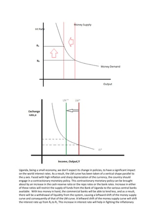Uganda, being a small economy, we don’t expect its change in policies, to have a significant impact
on the world interest rates. As a result, the LM curve has been taken of a vertical shape parallel to
the y axis. Faced with high inflation and sharp depreciation of the currency, the country should
engage in a contractionary monetary policy. This contractionary monetary policy can be brought
about by an increase in the cash reserve ratio or the repo rates or the bank rates. Increase in either
of these ratios will restrict the supply of funds from the Bank of Uganda to the various central banks
available. With less money in hand, the commercial banks will be able to lend less, and as a result,
there will be a withdrawal of liquidity from the system, causing a leftward shift of the money supply
curve and consequently of that of the LM curve. A leftward shift of the money supply curve will shift
the interest rate up from R0 to R1. This increase in interest rate will help in fighting the inflationary
 