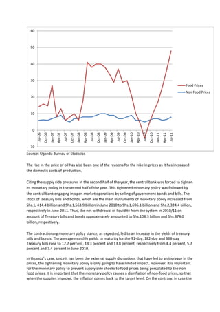 60



  50



  40



  30
                                                                                                                                                                                                    Food Prices
                                                                                                                                                                                                    Non Food Prices
  20



  10



   0
                                  Apr-07




                                                                      Apr-08




                                                                                                          Apr-09




                                                                                                                                              Apr-10




                                                                                                                                                                                  Apr-11
                                                             Jan-08




                                                                                                 Jan-09




                                                                                                                                     Jan-10
       Jul-06
                Oct-06
                         Jan-07


                                           Jul-07
                                                    Oct-07




                                                                               Jul-08
                                                                                        Oct-08




                                                                                                                   Jul-09
                                                                                                                            Oct-09




                                                                                                                                                       Jul-10
                                                                                                                                                                Oct-10
                                                                                                                                                                         Jan-11


                                                                                                                                                                                           Jul-11
 -10
Source: Uganda Bureau of Statistics

The rise in the price of oil has also been one of the reasons for the hike in prices as it has increased
the domestic costs of production.

Citing the supply side pressures in the second half of the year, the central bank was forced to tighten
its monetary policy in the second half of the year. This tightened monetary policy was followed by
the central bank engaging in open market operations by selling of government bonds and bills. The
stock of treasury bills and bonds, which are the main instruments of monetary policy increased from
Shs.1, 414.4 billion and Shs.1,563.9 billion in June 2010 to Shs.1,696.1 billion and Shs.2,324.4 billion,
respectively in June 2011. Thus, the net withdrawal of liquidity from the system in 2010/11 on
account of Treasury bills and bonds approximately amounted to Shs.108.3 billion and Shs.874.0
billion, respectively.

The contractionary monetary policy stance, as expected, led to an increase in the yields of treasury
bills and bonds. The average monthly yields to maturity for the 91-day, 182-day and 364-day
Treasury bills rose to 12.7 percent, 13.3 percent and 13.8 percent, respectively from 4.4 percent, 5.7
percent and 7.4 percent in June 2010.

In Uganda’s case, since it has been the external supply disruptions that have led to an increase in the
prices, the tightening monetary policy is only going to have limited impact. However, it is important
for the monetary policy to prevent supply side shocks to food prices being percolated to the non
food prices. It is important that the monetary policy causes a disinflation of non-food prices, so that
when the supplies improve, the inflation comes back to the target level. On the contrary, in case the
 