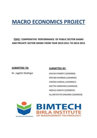 MACRO ECONOMICS PROJECT
TOPIC: COMPERATIVE PERFORMANCE OF PUBLIC SECTOR BANKS
AND PRIVATE SECTOR BANKS FROM YEAR 2010-2011 TO 2014-2015
SUBMITTED BY:
ASHISH PANDEY(16DM046)
ARVIND SHARMA (16DM045)
CHEENU KANSAL (16DM061)
ADITYA VARDHAN(16DM010)
ANSHUL MASIH (16DM032)
ALLAM DIVYA SANJANA (16DM018)
SUBMITTED TO:
Dr. Jagdish Shettigar
 