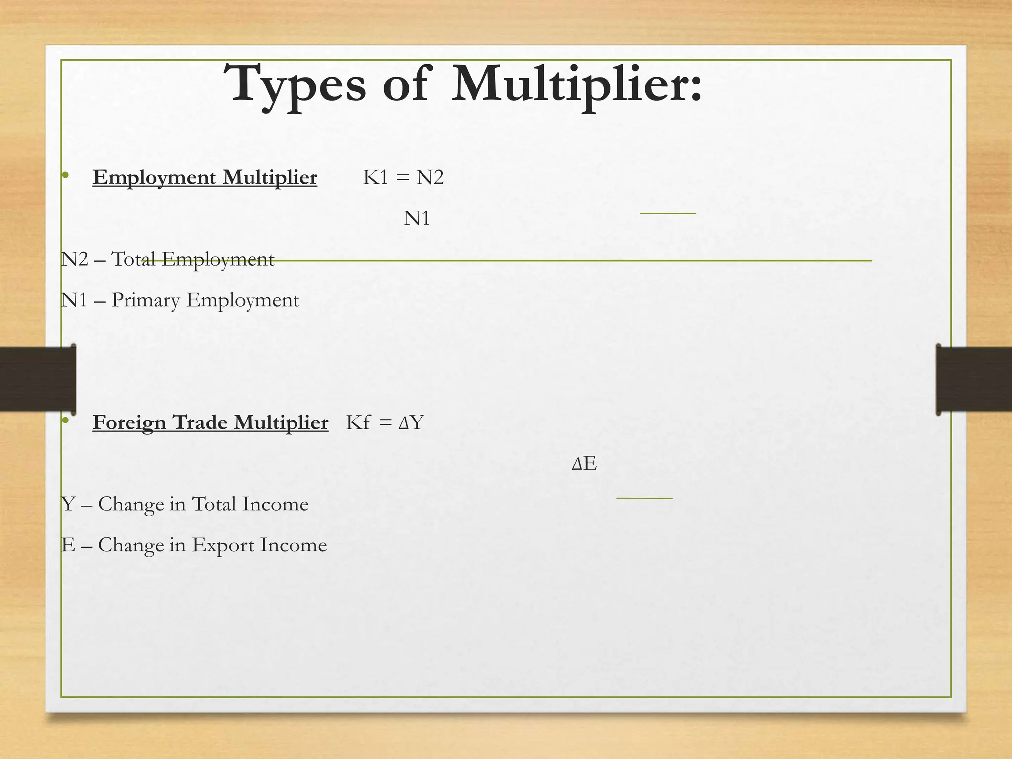 Types of Multiplier:
• Employment Multiplier K1 = N2
N1
N2 – Total Employment
N1 – Primary Employment
• Foreign Trade Multiplier Kf = ∆Y
∆E
Y – Change in Total Income
E – Change in Export Income
 
