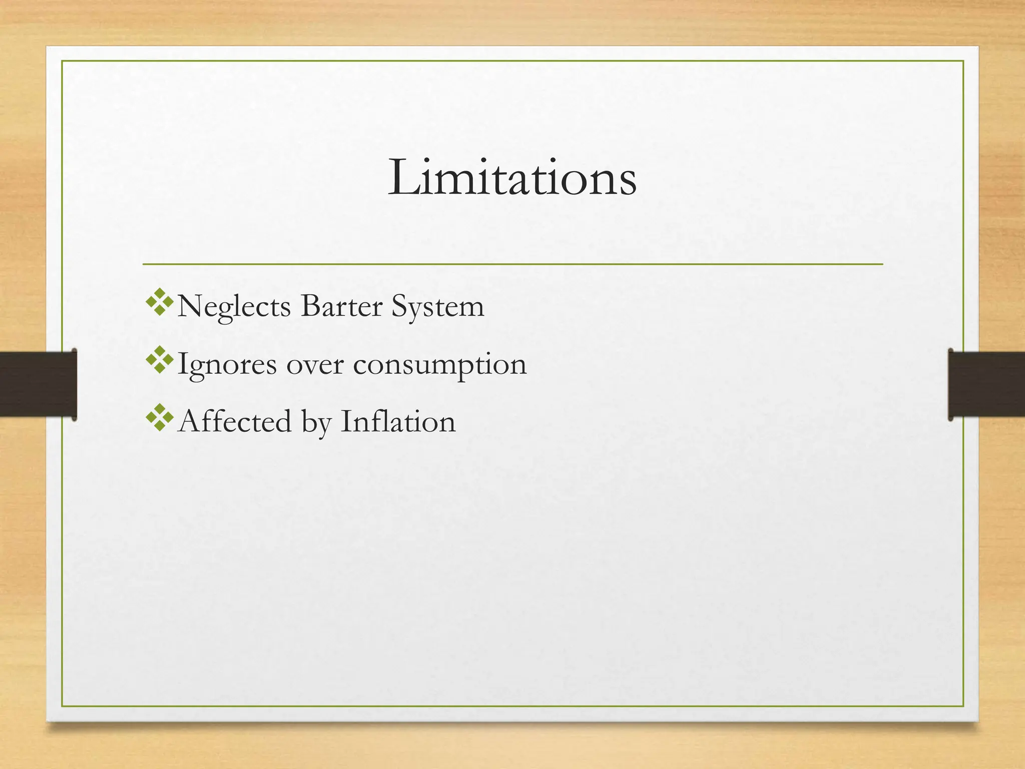 Limitations
Neglects Barter System
Ignores over consumption
Affected by Inflation
 