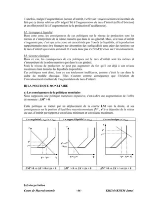 Cours de Macroéconomie KHEMAKHEM Jamel- 66 -
Toutefois, malgré l’augmentation du taux d’intérêt, l’effet sur l’investissement est incertain du
fait que ce denier subit un effet négatif lié à l’augmentation du taux d’intérêt (effet d’éviction)
et un effet positif lié à l’augmentation de la production (l’accélérateur).
b2 : la trappe à liquidité
Dans cette zone, les conséquences de ces politiques sur le niveau de production sont les
mêmes et s’interprètent de la même manière que dans le cas général. Mais, si le taux d’intérêt
n’augmente pas, c’est que cette zone est caractérisée par l’excès de liquidités, et la production
supplémentaire peut être financée par absorption des surliquidités sans créer des tentions sur
le taux d’intérêt qui restera constant. Il n’aura donc pas d’effet d’éviction sur l’investissement.
b3 : la zone classique
Dans ce cas, les conséquences de ces politiques sur le taux d’intérêt sont les mêmes et
s’interprètent de la même manière que dans le cas général.
Mais le niveau de production ne peut pas augmenter du fait qu’il est déjà à son niveau
maximum étant données les liquidités disponibles.
Ces politiques sont donc, dans ce cas totalement inefficaces, comme c’était le cas dans le
cadre du modèle classique. Elles n’auront comme conséquence que l’éviction de
l’investissement résultant de l’augmentation du taux d’intérêt.
B) LA POLITIQUE MONETAIRE
a) Les conséquences de la politique monétaire
Nous supposons une politique monétaire expansive, c'est-à-dire une augmentation de l’offre
de monnaie : ΔMo
> 0.
Cette politique se traduit par un déplacement de la courbe LM vers la droite, et ses
conséquences sur la position d’équilibre macroéconomique (Y* , r*) va dépendre de la valeur
du taux d’intérêt par rapport à son niveau minimum et son niveau maximum.
Le cas général : rmin< r < rmax La trappe à liquidité :r = rmin Le cas classique :r > rmax
ΔMo
>0 ⇒ ΔY > 0 et Δr < 0 ΔMo
> 0 ⇒ ΔY = Δr = 0 ΔMo
>0 ⇒ ΔY = > et Δr < 0
b) Interprétation
r
r*
r*’
r
r*=r*’
=rmin
r
r*
r*’
Y* Y*’ Y Y*=y*’ Y Y* Y*’ Y
 