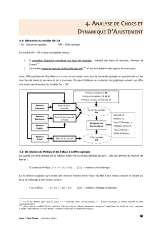 29
Jean – Paul Tsasa – chercheur Laréq
4. ANALYSE DE CHOCS ET
DYNAMIQUE D’AJUSTEMENT
4.1- Dérivation du modèle DA-OA
*DA : Demande agrégée *OA : Offre agrégée
Le modèle DA – OA a deux principales vertus :
1. Il considère l’équilibre simultané sur tous les marchés : marché des biens et services, Monnaie et
Travail††††
.
2. Ce modèle prend en compte la flexibilité des prix‡‡‡‡
et les anticipations des agents économiques.
Ainsi, l’OA appréhende l’équilibre sur le marché de travail, alors que la demande agrégée en appréhende sur les
marchés de biens et services et de la monnaie. On peut d’ailleurs se contenter du graphique suivant qui offre
une vision panoramique du modèle DA – OA.
4.2- De relation de Phillips et loi d’Okun à L’Offre agrégée
La courbe OA rend compte de la relation entre PIB et niveau général des prix ; elle est dérivée du marché de
travail :
*Courbe de Phillips : – – (21) → relation prix-chômage
La loi d’Okun suppose qu’il existe une relation inverse entre l’écart du PIB à son niveau naturel et l’écart du
taux de chômage à son niveau naturel :
* Loi d’Okun : – – – (22) → relation chômage-production
††††
La loi de Walras pose que si, pour « n » marchés dans une économie, n – 1 sont équilibre, le nième marché le sera
nécessairement.
‡‡‡‡
Alors que le modèle IS-LM , reflétant l’écriture de la théorie générale, comporte l’hypothèse de fixité de prix ; puisque
d’après cette théorie, à court terme, l’inflation n’est pas un problème majeur.
Marché de la
monnaie
Marché des biens et
services
Marché du travail
Politique monétaire, M
Politique budgétaire, T et G
Politique du taux de change, E
Demande agrégée
DA
Conjoncture
Economique
O ffre agrégée
OA
Activité, Q
Emploi, N
Taux Chômage, u
Inflation (Prix), P
Taux Intérêt, i
Solde Extérieur
Secteur
Financier
Secteur
Public
Secteur
Extérieur
Secteur
Privé
 