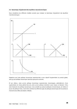 42
Jean – Paul Tsasa – chercheur Laréq
6.2- Dynamique d’ajustement des équilibres macroéconomiques
Nous considérons les différents modèles suivants pour analyser la dynamique d’ajustement des équilibres
macroéconomiques :
CA
CA
i
P FM P OA
GM DA
i Y
E
PTI
i
Rappelons que toute politique économique expansionniste a pour objectif l’augmentation du produit global,
alors qu’une politique économique restrictive poursuit le contraire.
Et par ailleurs, notez qu’une politique économique expansionniste s’accompagne, généralement, d’une
augmentation du niveau général des prix, alors qu’une politique restrictive a pour risque, la récession. Ainsi,
dans l’exécution de politique économique, il est conseillé aux acteurs politiques et économiques, de mettre en
œuvre de politique mixte, c’est-à-dire combiner les différents types de politiques économiques afin de préserver
l’économie des effets secondaires néfastes.
 
