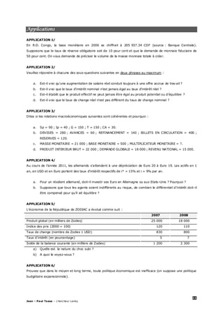 44
Jean – Paul Tsasa – chercheur Laréq
Applications
APPLICATION 1/
En R.D. Congo, la base monétaire en 2006 se chiffrait à 205 937.34 CDF (source : Banque Centrale).
Supposons que le taux de réserve obligatoire soit de 10 pour cent et que la demande de monnaie fiduciaire de
50 pour cent. On vous demande de préciser le volume de la masse monnaie totale à créer.
APPLICATION 2/
Veuillez répondre à chacune des sous-questions suivantes en deux phrases au maximum :
a. Est-il vrai qu’une augmentation de salaire réel conduit toujours à une offre accrue de trav ail ?
b. Est-il vrai que le taux d’intérêt nominal n’est jamais égal au taux d’intérêt réel ?
c. Est-il établit que le produit effectif ne peut jamais être égal au produit potentiel ou d’équilibre ?
d. Est-il vrai que le taux de change réel n’est pas différent du taux de change nominal ?
APPLICATION 3/
Dites si les relations macroéconomiques suivantes sont cohérentes et pourquoi :
a. Sp = 90 ; Ip = 40 ; G = 150 ; T = 150 ; CA = 30.
b. DEVISES = 280 ; AVANCES = 60 ; REFINANCEMENT = 140 ; BILLETS EN CIRCULATION = 400 ;
RESERVES = 120.
c. MASSE MONETAIRE = 21 000 ; BASE MONETAIRE = 500 ; MULTIPLICATEUR MONETAIRE = ?.
d. PRODUIT INTERIEUR BRUT = 22 000 ; DEMANDE GLOBALE = 18 000 ; REVENU NATIONAL = 15 000.
APPLICATION 4/
Au cours de l’année 2011, les allemands s’attendent à une dépréciation de Euro 20 à Euro 19. Les actifs en 1
an, en USD et en Euro portent des taux d’intérêt respectifs de i* = 15% et i = 9% par an.
a. Pour un résident allemand, doit-il investir ses Euro en Allemagne ou aux Etats-Unis ? Pourquoi ?
b. Supposons que tous les agents soient indifférents au risque, de combien le différentiel d’intérêt doit-il
être compensé pour qu’il ait équilibre ?
APPLICATION 5/
L’économie de la République de ZODIAC a évolué comme suit :
2007 2008
Produit global (en milliers de Zodies) 25 000 18 000
Indice des prix (2000 = 100) 120 110
Taux de change (nombre de Zodies 1 USD) 830 800
Taux d’intérêt (en pourcentage) 5 7
Solde de la balance courante (en milliers de Zodies) 1 200 2 300
a) Quelle est la nature du choc subi ?
b) A quoi le voyez-vous ?
APPLICATION 6/
Prouvez que dans le moyen et long terme, toute politique économique est inefficace (on suppose une politique
budgétaire expansionniste).
 
