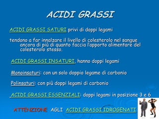 ACIDI GRASSIACIDI GRASSI SATURI privi di doppi legamitendono a far innalzare il livello di colesterolo nel sangue ancora di più di quanto faccia l’apporto alimentare del colesterolo stesso.ACIDI GRASSI INSATURI, hanno doppi legami Monoinsaturi: con un solo doppio legame di carbonioPolinsaturi: con più doppi legami di carbonio ACIDI GRASSI ESSENZIALI: doppi legami in posizione 3 e 6AGLI  ACIDI GRASSI IDROGENATIATTENZIONE