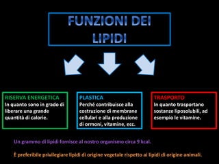 RISERVA ENERGETICA
In quanto sono in grado di
liberare una grande
quantità di calorie.
PLASTICA
Perché contribuisce alla
costruzione di membrane
cellulari e alla produzione
di ormoni, vitamine, ecc.
TRASPORTO
In quanto trasportano
sostanze liposolubili, ad
esempio le vitamine.
Un grammo di lipidi fornisce al nostro organismo circa 9 kcal.
È preferibile privilegiare lipidi di origine vegetale rispetto ai lipidi di origine animali.
 