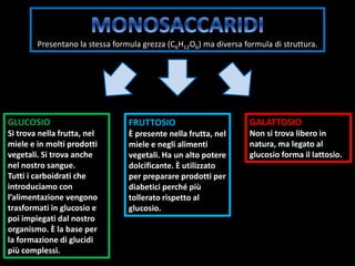 Presentano la stessa formula grezza (C6H12O6) ma diversa formula di struttura.
GLUCOSIO
Si trova nella frutta, nel
miele e in molti prodotti
vegetali. Si trova anche
nel nostro sangue.
Tutti i carboidrati che
introduciamo con
l’alimentazione vengono
trasformati in glucosio e
poi impiegati dal nostro
organismo. È la base per
la formazione di glucidi
più complessi.
FRUTTOSIO
È presente nella frutta, nel
miele e negli alimenti
vegetali. Ha un alto potere
dolcificante. È utilizzato
per preparare prodotti per
diabetici perché più
tollerato rispetto al
glucosio.
GALATTOSIO
Non si trova libero in
natura, ma legato al
glucosio forma il lattosio.
 