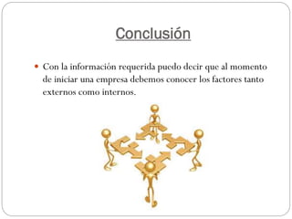 Conclusión
 Con la información requerida puedo decir que al momento
de iniciar una empresa debemos conocer los factores tanto
externos como internos.
 