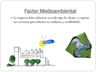 Factor Medioambiental
 La empresa debe enfocarse en todo tipo de cliente y respetar
sus creencias para obtener su confianza y credibilidad.
 
