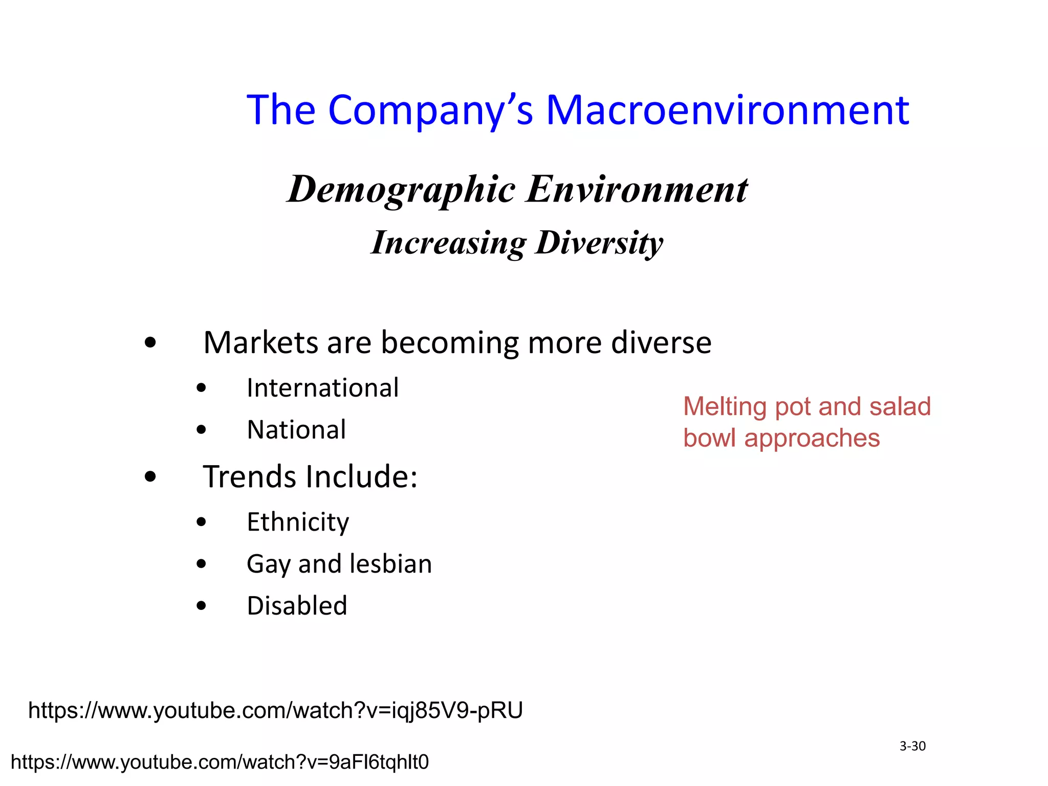 The Company’s Macroenvironment
Demographic Environment
Increasing Diversity
• Markets are becoming more diverse
• International
• National
• Trends Include:
• Ethnicity
• Gay and lesbian
• Disabled
3-30
Melting pot and salad
bowl approaches
https://www.youtube.com/watch?v=9aFl6tqhlt0
https://www.youtube.com/watch?v=iqj85V9-pRU
 