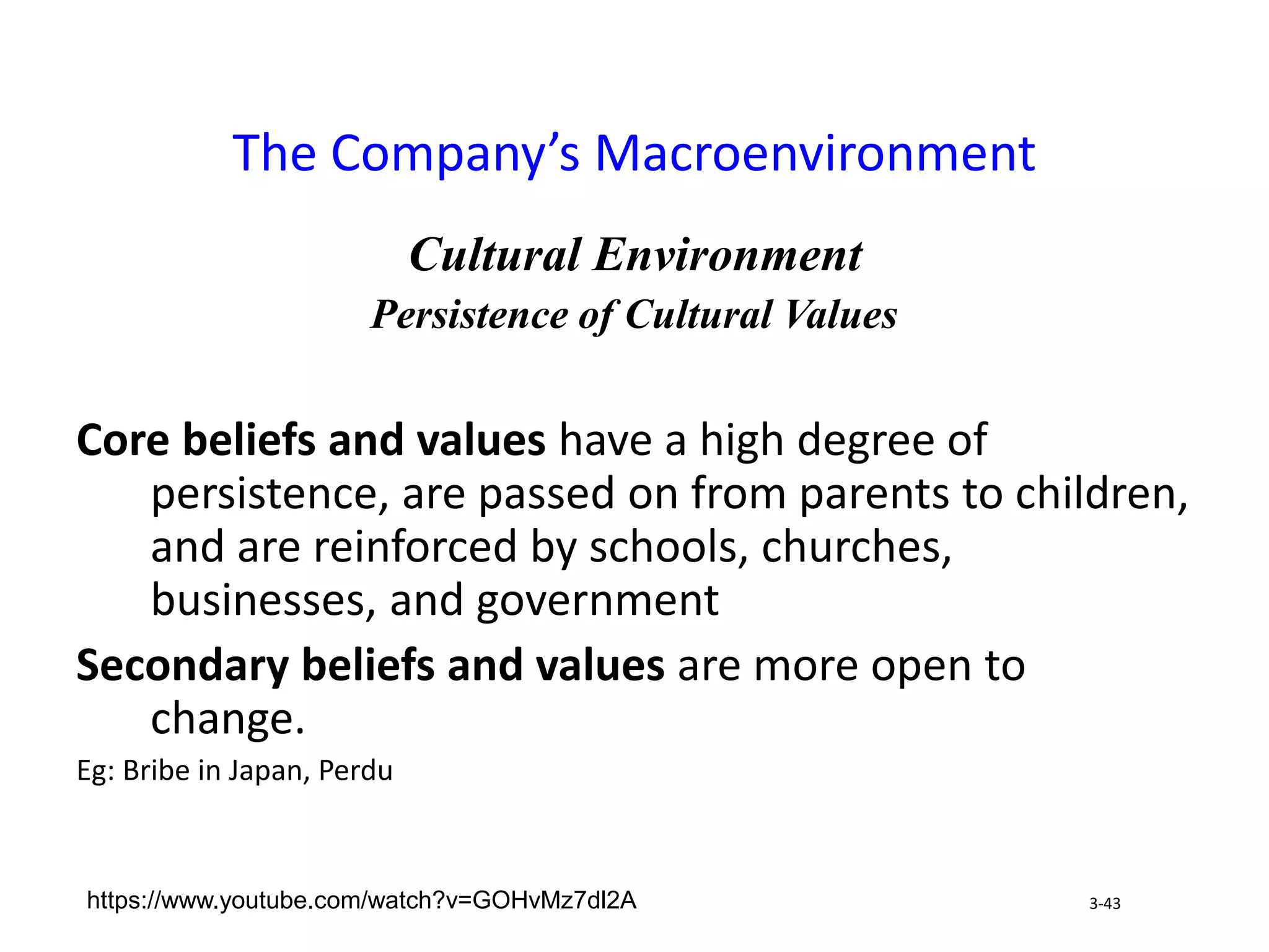 Cultural Environment
Persistence of Cultural Values
Core beliefs and values have a high degree of
persistence, are passed on from parents to children,
and are reinforced by schools, churches,
businesses, and government
Secondary beliefs and values are more open to
change.
Eg: Bribe in Japan, Perdu
The Company’s Macroenvironment
3-43
https://www.youtube.com/watch?v=GOHvMz7dl2A
 