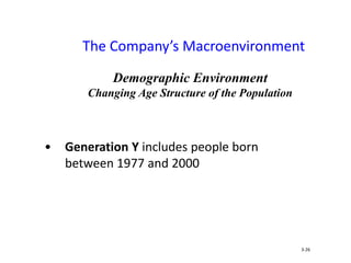 The Company’s Macroenvironment
• Generation Y includes people born
between 1977 and 2000
3-26
Demographic Environment
Changing Age Structure of the Population
 