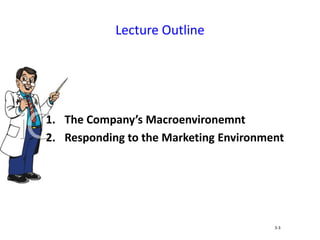 1. The Company’s Macroenvironemnt
2. Responding to the Marketing Environment
Lecture Outline
3-3
 
