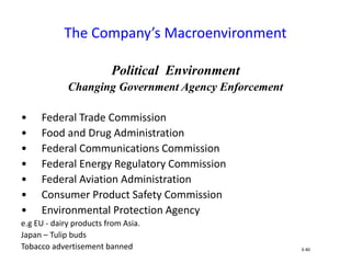 Political Environment
Changing Government Agency Enforcement
• Federal Trade Commission
• Food and Drug Administration
• Federal Communications Commission
• Federal Energy Regulatory Commission
• Federal Aviation Administration
• Consumer Product Safety Commission
• Environmental Protection Agency
e.g EU - dairy products from Asia.
Japan – Tulip buds
Tobacco advertisement banned
The Company’s Macroenvironment
3-40
 