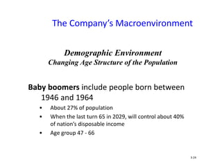 The Company’s Macroenvironment
Baby boomers include people born between
1946 and 1964
• About 27% of population
• When the last turn 65 in 2029, will control about 40%
of nation’s disposable income
• Age group 47 - 66
3-24
Demographic Environment
Changing Age Structure of the Population
 