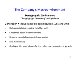 Demographic Environment
Changing Age Structure of the Population
Generation X includes people born between 1965 and 1976
• High parental divorce rates, [Latchkey kids]
• Concerned about the environment
• Respond to socially responsible companies
• Less materialistic
• Quality of life, want job satisfaction rather than promotion or growth
The Company’s Macroenvironment
3-25
 