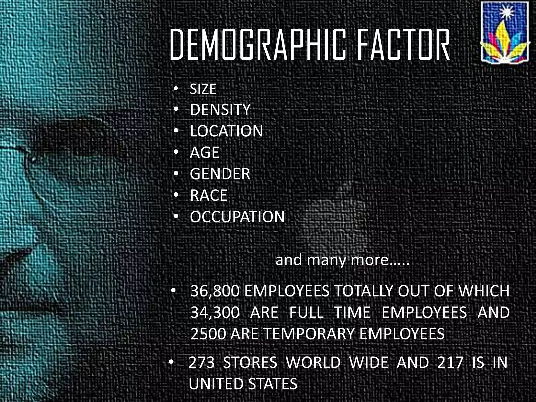 DEMOGRAPHIC FACTOR
• SIZE
• DENSITY
• LOCATION
• AGE
• GENDER
• RACE
• OCCUPATION
and many more…..
• 36,800 EMPLOYEES TOTALLY OUT OF WHICH
34,300 ARE FULL TIME EMPLOYEES AND
2500 ARE TEMPORARY EMPLOYEES
• 273 STORES WORLD WIDE AND 217 IS IN
UNITED STATES
 