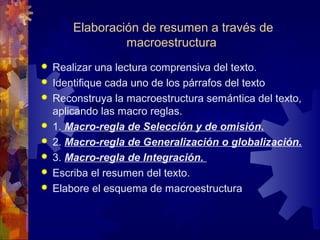 Elaboración de resumen a través de
macroestructura
 Realizar una lectura comprensiva del texto.
 Identifique cada uno de los párrafos del texto
 Reconstruya la macroestructura semántica del texto,
aplicando las macro reglas.
 1. Macro-regla de Selección y de omisión.
 2. Macro-regla de Generalización o globalización.
 3. Macro-regla de Integración.
 Escriba el resumen del texto.
 Elabore el esquema de macroestructura
 