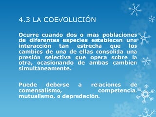 4.3 LA COEVOLUCIÓN
Ocurre cuando dos o mas poblaciones
de diferentes especies establecen una
interacción tan estrecha que los
cambios de una de ellas consolida una
presión selectiva que opera sobre la
otra, ocasionando de ambas cambien
simultáneamente.
Puede deberse a relaciones de
comensalismo, competencia,
mutualismo, o depredación.
 