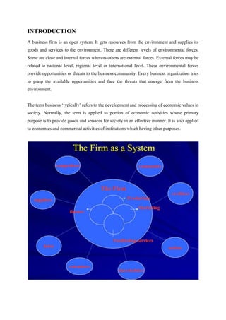 INTRODUCTION
A business firm is an open system. It gets resources from the environment and supplies its
goods and services to the environment. There are different levels of environmental forces.
Some are close and internal forces whereas others are external forces. External forces may be
related to national level, regional level or international level. These environmental forces
provide opportunities or threats to the business community. Every business organization tries
to grasp the available opportunities and face the threats that emerge from the business
environment.


The term business „typically‟ refers to the development and processing of economic values in
society. Normally, the term is applied to portion of economic activities whose primary
purpose is to provide goods and services for society in an effective manner. It is also applied
to economics and commercial activities of institutions which having other purposes.
 
