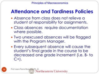 Principles of Macroeconomics
Attendance and Tardiness Policies
19
 Absence from class does not relieve a
student of responsibility for assignments.
 Class absences require documentation
where possible.
 Two unexcused absences will be flagged
with the Program Manager.
 Every subsequent absence will cause the
student’s final grade in the course to be
decreased one grade increment (i.e. B- to
C+).
Prof Jean-Pierre Mulumba Ph. D.
 