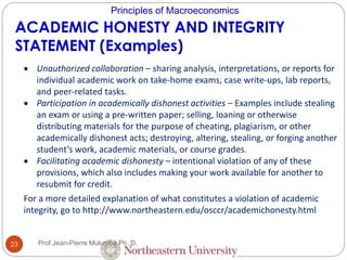 Principles of Macroeconomics
ACADEMIC HONESTY AND INTEGRITY
STATEMENT (Examples)
 Unauthorized collaboration – sharing analysis, interpretations, or reports for
individual academic work on take-home exams, case write-ups, lab reports,
and peer-related tasks.
 Participation in academically dishonest activities – Examples include stealing
an exam or using a pre-written paper; selling, loaning or otherwise
distributing materials for the purpose of cheating, plagiarism, or other
academically dishonest acts; destroying, altering, stealing, or forging another
student’s work, academic materials, or course grades.
 Facilitating academic dishonesty – intentional violation of any of these
provisions, which also includes making your work available for another to
resubmit for credit.
For a more detailed explanation of what constitutes a violation of academic
integrity, go to http://www.northeastern.edu/osccr/academichonesty.html
23 Prof Jean-Pierre Mulumba Ph. D.
 