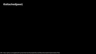 @attached(peer)
출처: https://github.com/apple/swift-syntax/tree/main/Examples/Sources/MacroExamples/Implementation/Peer
 