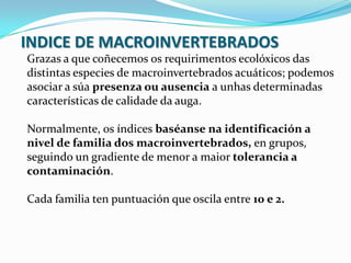 INDICE DE MACROINVERTEBRADOS
Grazas a que coñecemos os requirimentos ecolóxicos das
distintas especies de macroinvertebrados acuáticos; podemos
asociar a súa presenza ou ausencia a unhas determinadas
características de calidade da auga.

Normalmente, os índices baséanse na identificación a
nivel de familia dos macroinvertebrados, en grupos,
seguindo un gradiente de menor a maior tolerancia a
contaminación.

Cada familia ten puntuación que oscila entre 10 e 2.
 