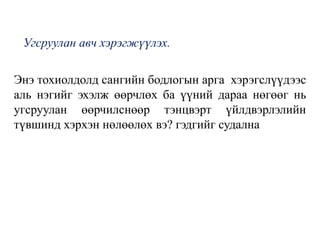 Угсруулан авч хэрэгжүүлэх.
Энэ тохиолдолд сангийн бодлогын арга хэрэгслүүдээс
аль нэгийг эхэлж өөрчлөх ба үүний дараа нөгөөг нь
угсруулан өөрчилснөөр тэнцвэрт үйлдвэрлэлийн
түвшинд хэрхэн нөлөөлөх вэ? гэдгийг судална
 
