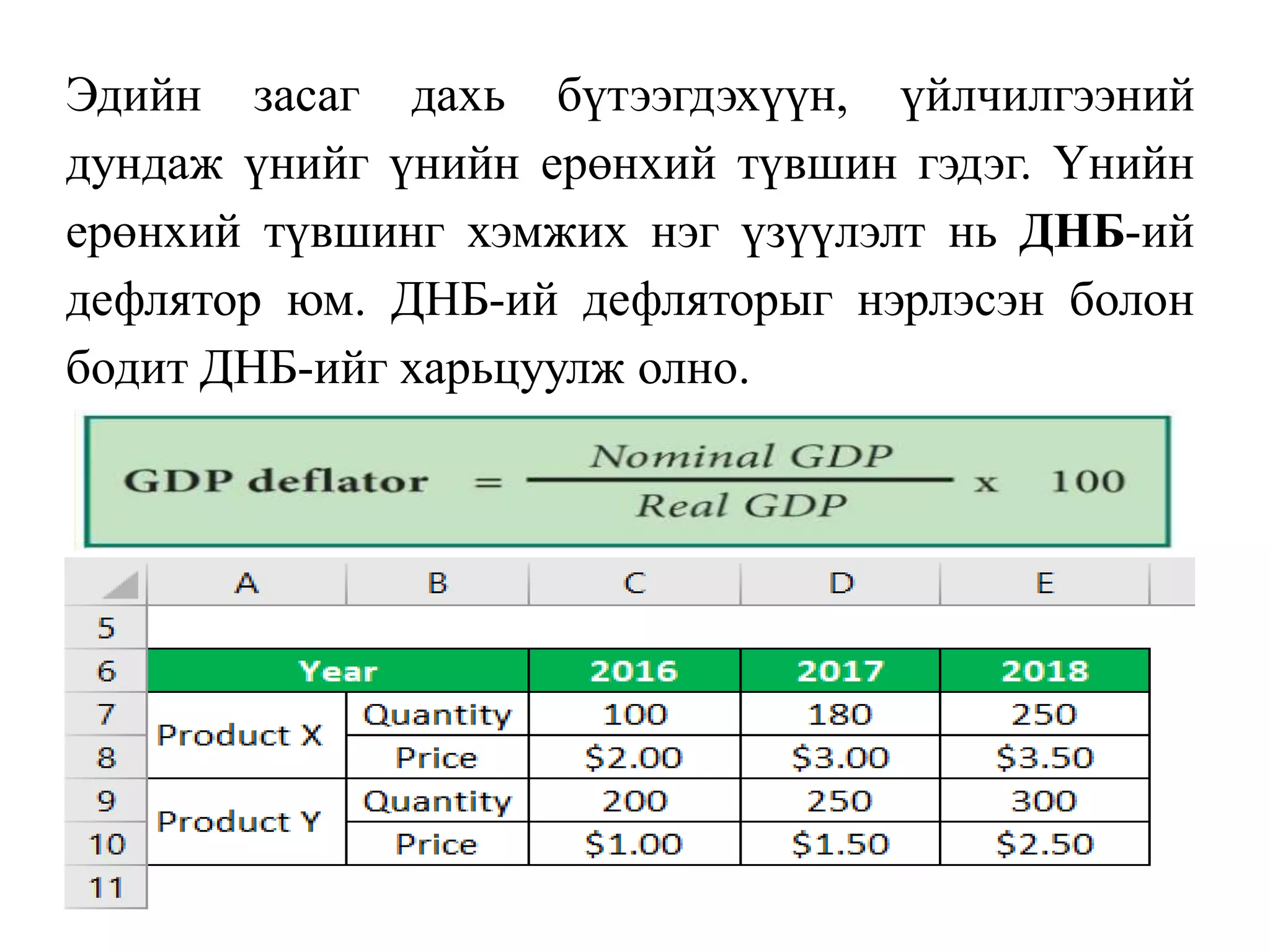 Эдийн засаг дахь бүтээгдэхүүн, үйлчилгээний
дундаж үнийг үнийн ерөнхий түвшин гэдэг. Үнийн
ерөнхий түвшинг хэмжих нэг үзүүлэлт нь ДНБ-ий
дефлятор юм. ДНБ-ий дефляторыг нэрлэсэн болон
бодит ДНБ-ийг харьцуулж олно.
 