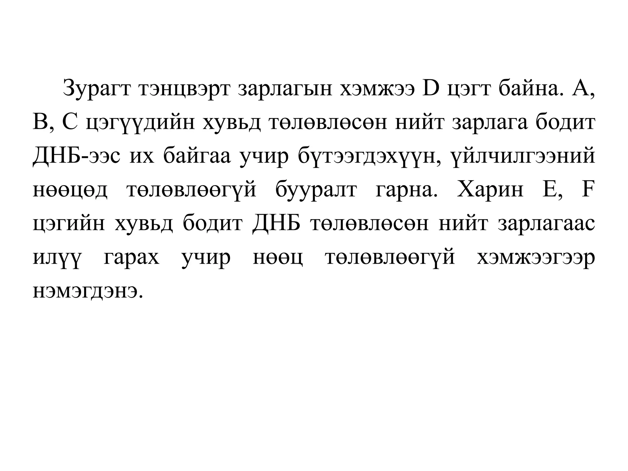 Зурагт тэнцвэрт зарлагын хэмжээ D цэгт байна. А,
В, С цэгүүдийн хувьд төлөвлөсөн нийт зарлага бодит
ДНБ-ээс их байгаа учир бүтээгдэхүүн, үйлчилгээний
нөөцөд төлөвлөөгүй бууралт гарна. Харин Е, F
цэгийн хувьд бодит ДНБ төлөвлөсөн нийт зарлагаас
илүү гарах учир нөөц төлөвлөөгүй хэмжээгээр
нэмэгдэнэ.
 