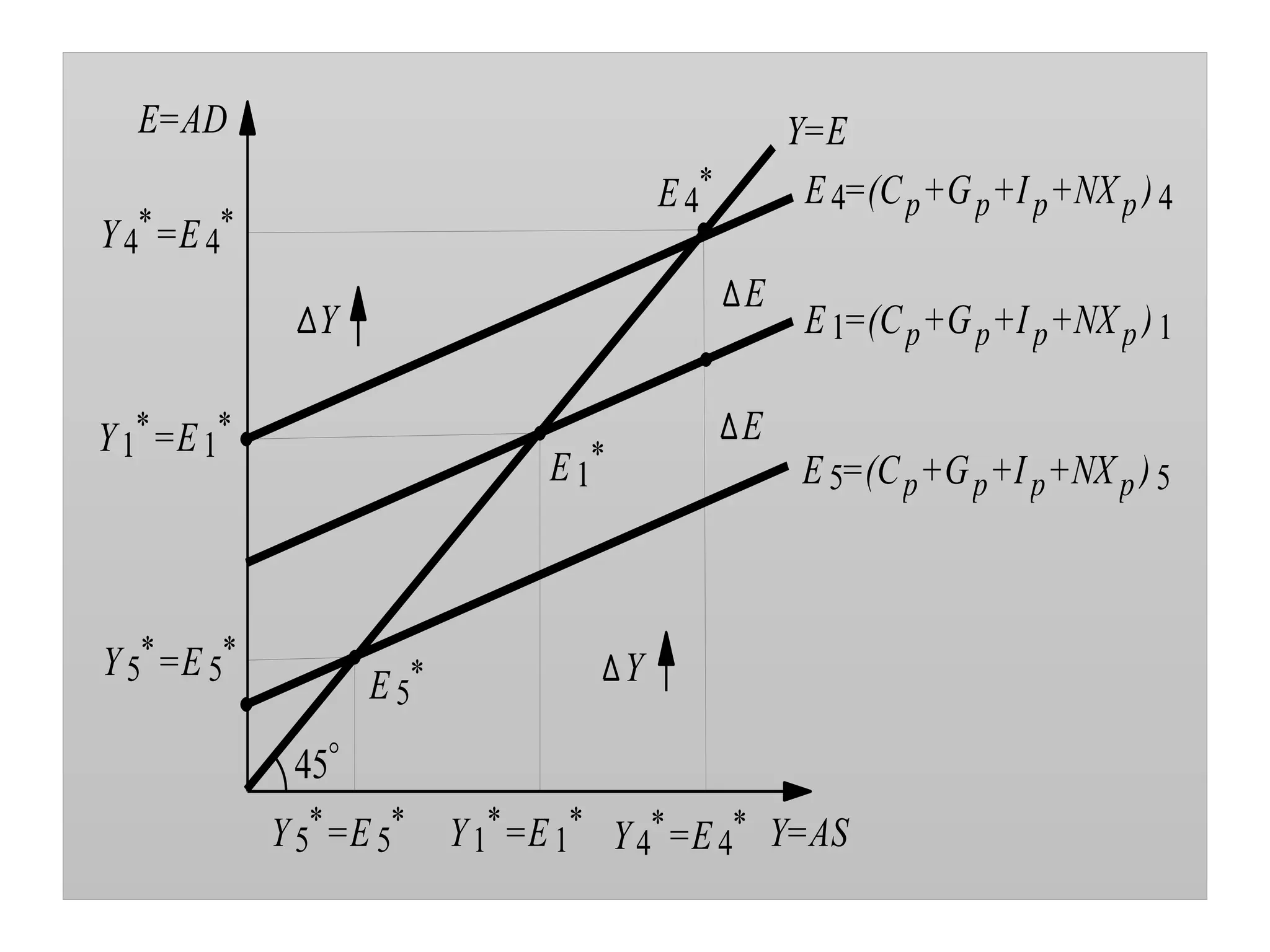 Y
E
E
Y
Y1
*=E1
*
Y4
*=E4
*
Y5
*=E5
*
E5
*
E4
* E4=(Cp+Gp+Ip+NXp)4
E5=(Cp+Gp+Ip+NXp)5
Y5
*=E5
*
Y4
*=E4
*
E1=(Cp+Gp+Ip+NXp)1
Y=E
Y=AS
E=AD
45
Y1
*=E1
*
E1
*
 