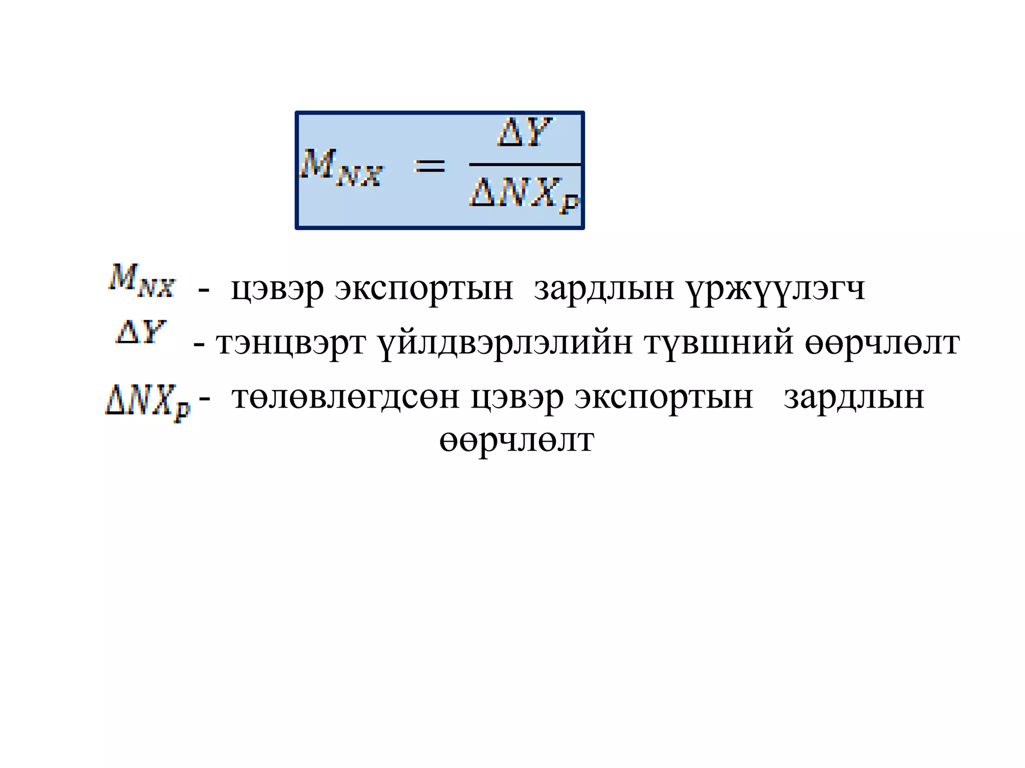 - цэвэр экспортын зардлын үржүүлэгч
- тэнцвэрт үйлдвэрлэлийн түвшний өөрчлөлт
- төлөвлөгдсөн цэвэр экспортын зардлын
өөрчлөлт
 