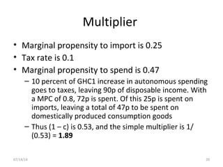 Multiplier
• Marginal propensity to import is 0.25
• Tax rate is 0.1
• Marginal propensity to spend is 0.47
– 10 percent of GHC1 increase in autonomous spending
goes to taxes, leaving 90p of disposable income. With
a MPC of 0.8, 72p is spent. Of this 25p is spent on
imports, leaving a total of 47p to be spent on
domestically produced consumption goods
– Thus (1 – c) is 0.53, and the simple multiplier is 1/
(0.53) = 1.89
2007/14/14
 