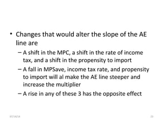 • Changes that would alter the slope of the AE
line are
– A shift in the MPC, a shift in the rate of income
tax, and a shift in the propensity to import
– A fall in MPSave, income tax rate, and propensity
to import will al make the AE line steeper and
increase the multiplier
– A rise in any of these 3 has the opposite effect
2307/14/14
 