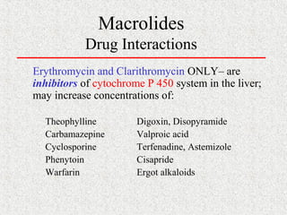 Macrolides
Drug Interactions
Erythromycin and Clarithromycin ONLY– are
inhibitors of cytochrome P 450 system in the liver;
may increase concentrations of:
Theophylline Digoxin, Disopyramide
Carbamazepine Valproic acid
Cyclosporine Terfenadine, Astemizole
Phenytoin Cisapride
Warfarin Ergot alkaloids
 