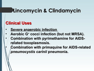 Clinical UsesClinical Uses
• Severe anaerobic infectionSevere anaerobic infection
• Aerobic GAerobic G++
cocci infection (but not MRSA).cocci infection (but not MRSA).
• Combination with pyrimethamine for AIDS-Combination with pyrimethamine for AIDS-
related toxoplasmosis.related toxoplasmosis.
• Combination with primaquine for AIDS-relatedCombination with primaquine for AIDS-related
pneumocystis cariniipneumocystis carinii pneumonia.pneumonia.
Lincomycin & ClindamycinLincomycin & Clindamycin
 