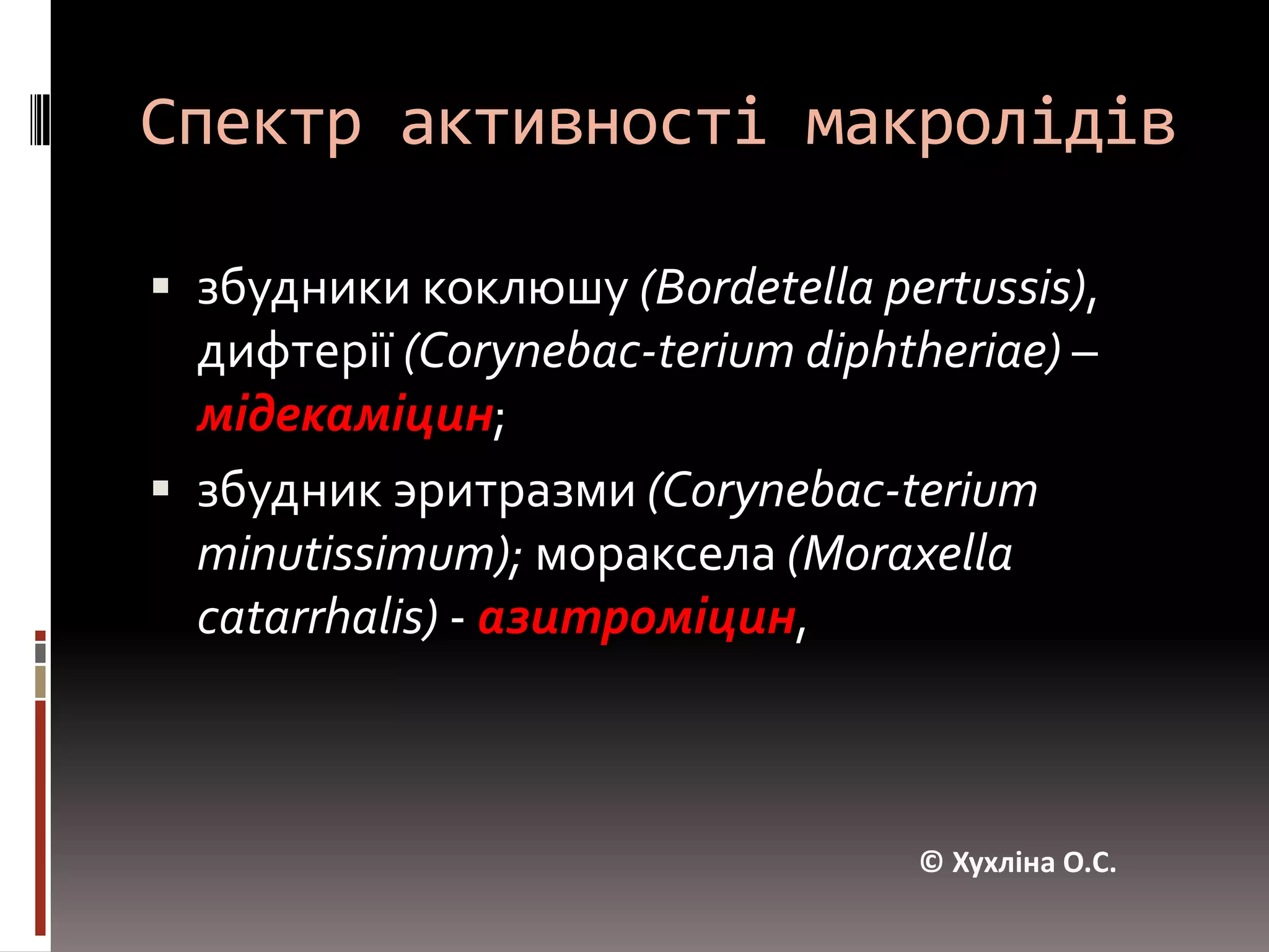 Спектр активності макролідівзбудники коклюшу (Bordetellapertussis), дифтерії (Corynebac-teriumdiphtheriae) – мідекаміцин; збудник эритразми (Corynebac-teriumminutissimum); мораксела (Moraxellacatarrhalis) -азитроміцин,© Хухліна О.С.
