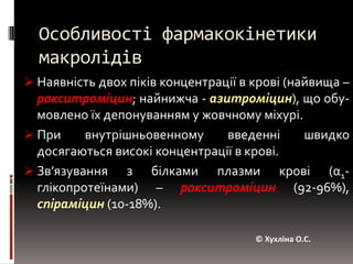 Особливості фармакокінетики макролідівНаявність двох піків концентрації в крові (найвища – рокситроміцин; найнижча - азитроміцин), що обу-мовлено їх депонуванням у жовчному міхурі. 
