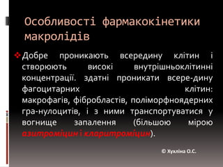 Зв’язування з білками плазми крові (α1-глікопротеїнами) –рокситроміцин(92-96%), спіраміцин(10-18%).© Хухліна О.С.