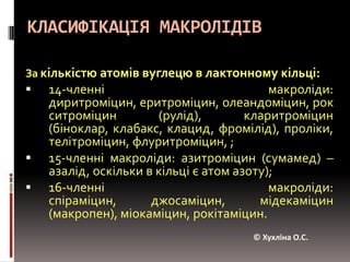 КЛАСИФІКАЦІЯ МАКРОЛІДІВЗа кількістю атомів вуглецю в лактонному кільці:14-членні макроліди: диритроміцин, еритроміцин, олеандоміцин, рокситроміцин(рулід), кларитроміцин (біноклар, клабакс, клацид, фромілід), проліки, телітроміцин, флуритроміцин, ;15-членні макроліди: азитроміцин (сумамед) – азалід, оскільки в кільці є атом азоту);16-членні макроліди: спіраміцин, джосаміцин, мідекаміцин (макропен), міокаміцин, рокітаміцин.© Хухліна О.С.