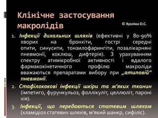 Особливості фармакокінетики макролідівПри порушенні функції нирок Т1/2 більшості макролідів (за виключенням кларитроміцину і рокситроміцину) не змінюється. При цирозі печінки може значно збільшуватися період напіввиведенняеритроміцину і джосаміцину.© Хухліна О.С.