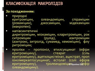 КЛАСИФІКАЦІЯ МАКРОЛІДІВЗа походженням:природні - еритроміцин, олеандоміцин, спіраміцин (роваміцин), джосаміцин, мідекаміцин (макропен);напівсинтетичні – диритроміцин, міокаміцин, кларитроміцин, рокситроміцин (рулід), азитроміцин (азитрокс, зитролід, сумамед, хемоміцин), флуритроміцин;проліки – пропіоніл, етилсукцинат (ефіри еритроміцину), стеарат (сіль еритроміцину), ацетилцистеїнат, ацистрат, пропіонілмеркаптосукцинат, естолат(солі ефірів еритроміцину), тролеандоміцин(ефір олеандоміцину).кетоліди – телітроміцин.© Хухліна О.С.
