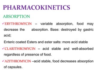 PHARMACOKINETICS
ABSORPTION
ERYTHROMYCIN – variable absorption, food may
decrease the absorption. Base: destroyed by gastric
acid;
Enteric coated Esters and ester salts: more acid stable
CLARITHROMYCIN – acid stable and well-absorbed
regardless of presence of food.
AZITHROMYCIN –acid stable, food decreases absorption
of capsules.
 