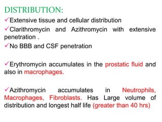 DISTRIBUTION:
Extensive tissue and cellular distribution
Clarithromycin and Azithromycin with extensive
penetration .
No BBB and CSF penetration
Erythromycin accumulates in the prostatic fluid and
also in macrophages.
Azithromycin accumulates in Neutrophils,
Macrophages, Fibroblasts. Has Large volume of
distribution and longest half life (greater than 40 hrs)
 