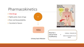 Pharmacokinetics
 Oral drugs
Highly polar, basic drugs
Poor oral bioavailability
 Excreted in faeces
IV
Kidney
Urinary tract infection
Dose for a
case of renal =
insufficiency
 