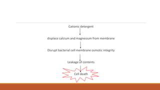 Cationic detergent
displace calcium and magnesium from membrane
Disrupt bacterial cell membrane osmotic integrity
Leakage of contents
Cell death
 